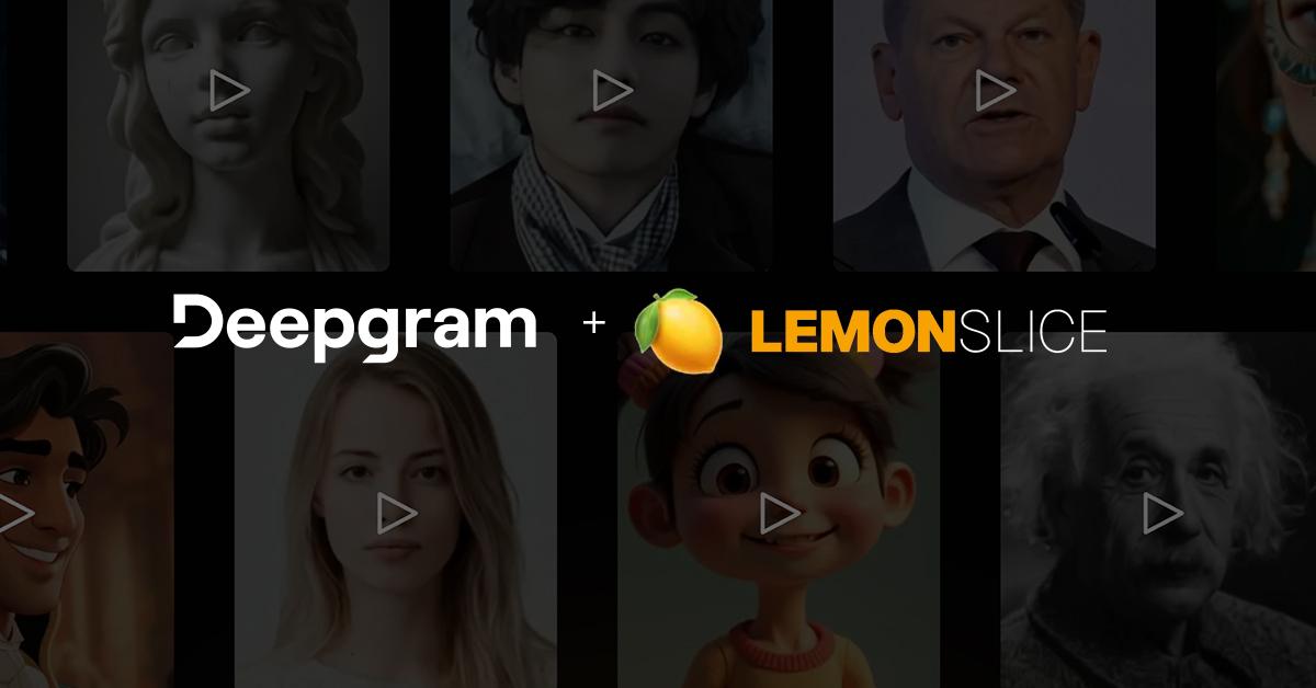 Deepgram and Lemon Slice logos overlaid on animated and photorealistic character portraits used in real-time video chats